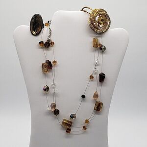 Triple Layer Amber Yellow Orange Beaded Necklace Yellow Ring & Gold Bracelet Set